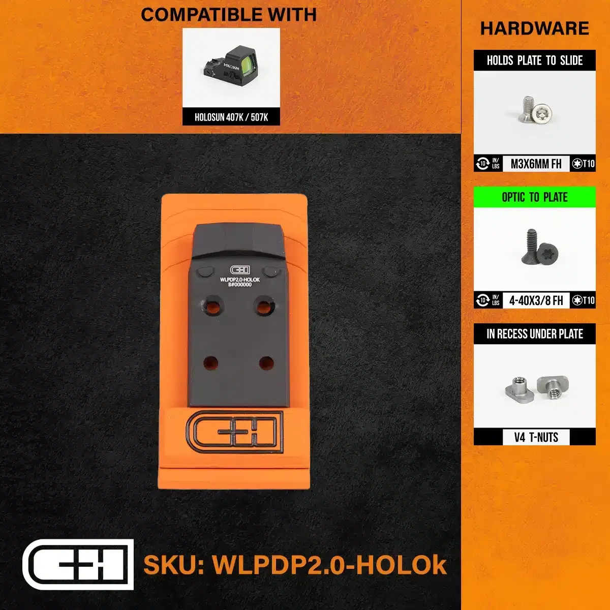 C&H Precision, Walther Defense PDP 2.0 to Holosun 407K / 507K, Optic Plate, Black (WLPDP2.0-HOLOK)