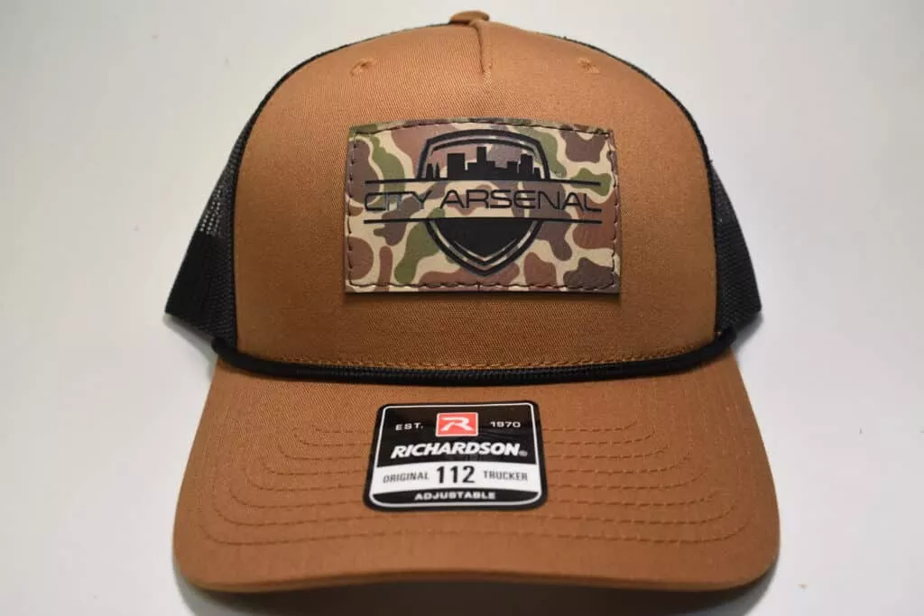 City Arsenal,Tan Original Richardson 112 Trucker Hat, Leather Duck Camo Brown Patch (CA-TAN-DUCK)