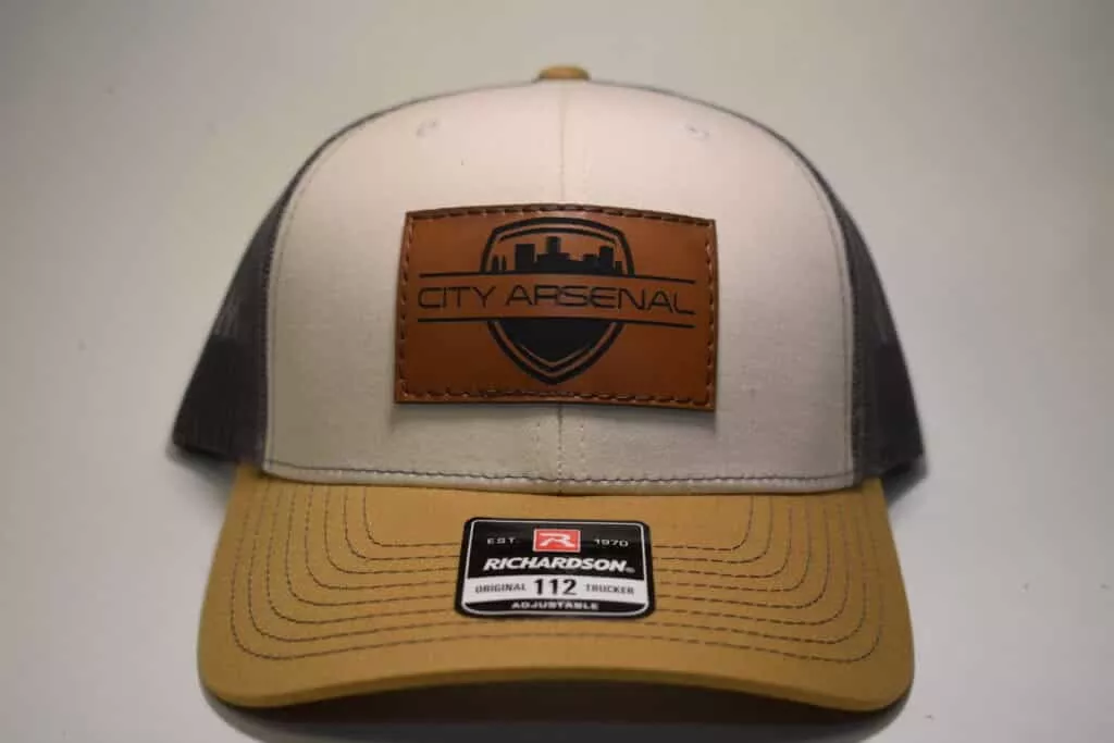 City Arsenal Tri-Color Hat, Leather Patch, Richardson Original 112 Trucker, Cream/Tan/Gray (CA-TRI-LEATHER)