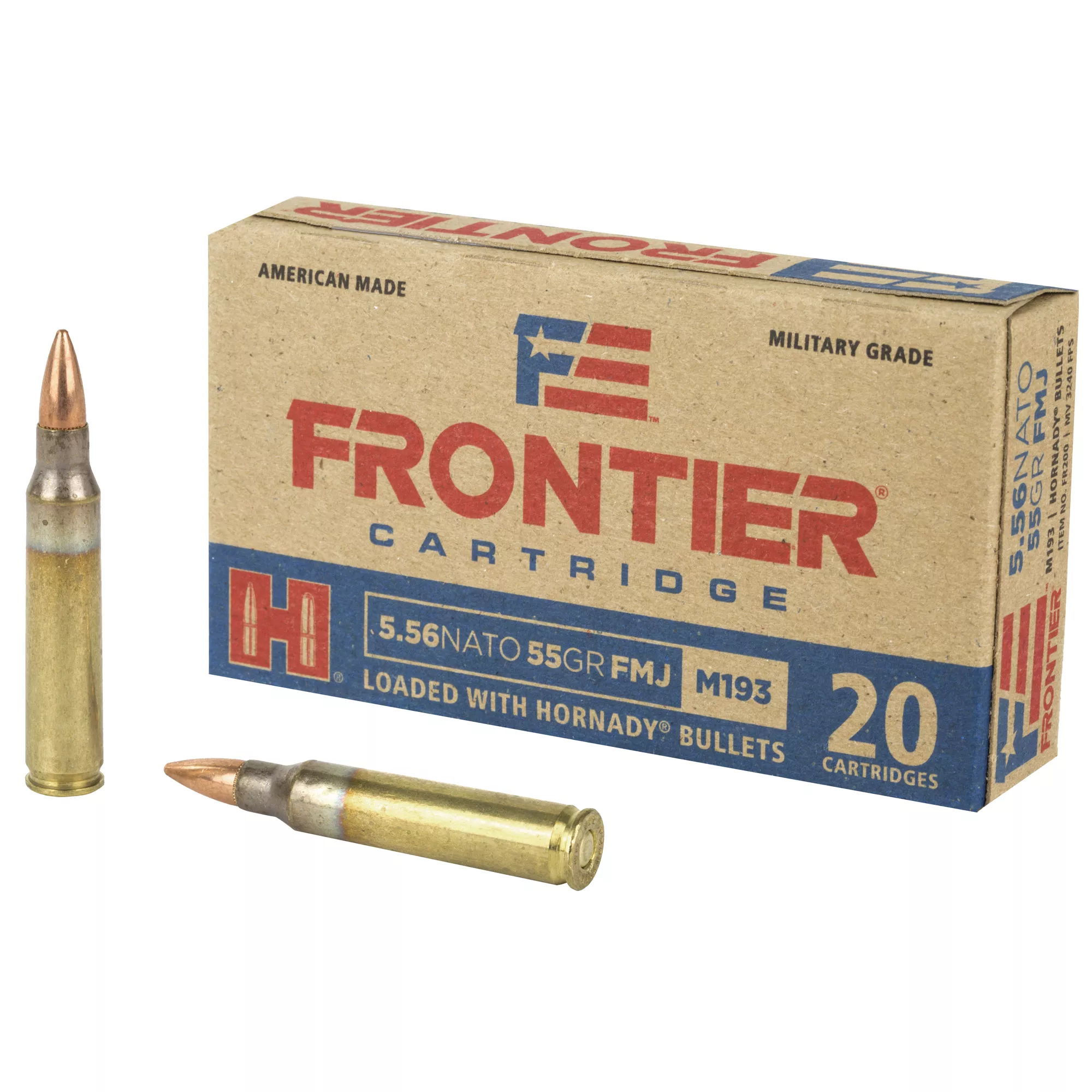 Hornady Frontier M193 Rifle 5.56mm NATO Ammunition, FMJ, 55GR, 3240 fps, 20Rd. Box (FR200)